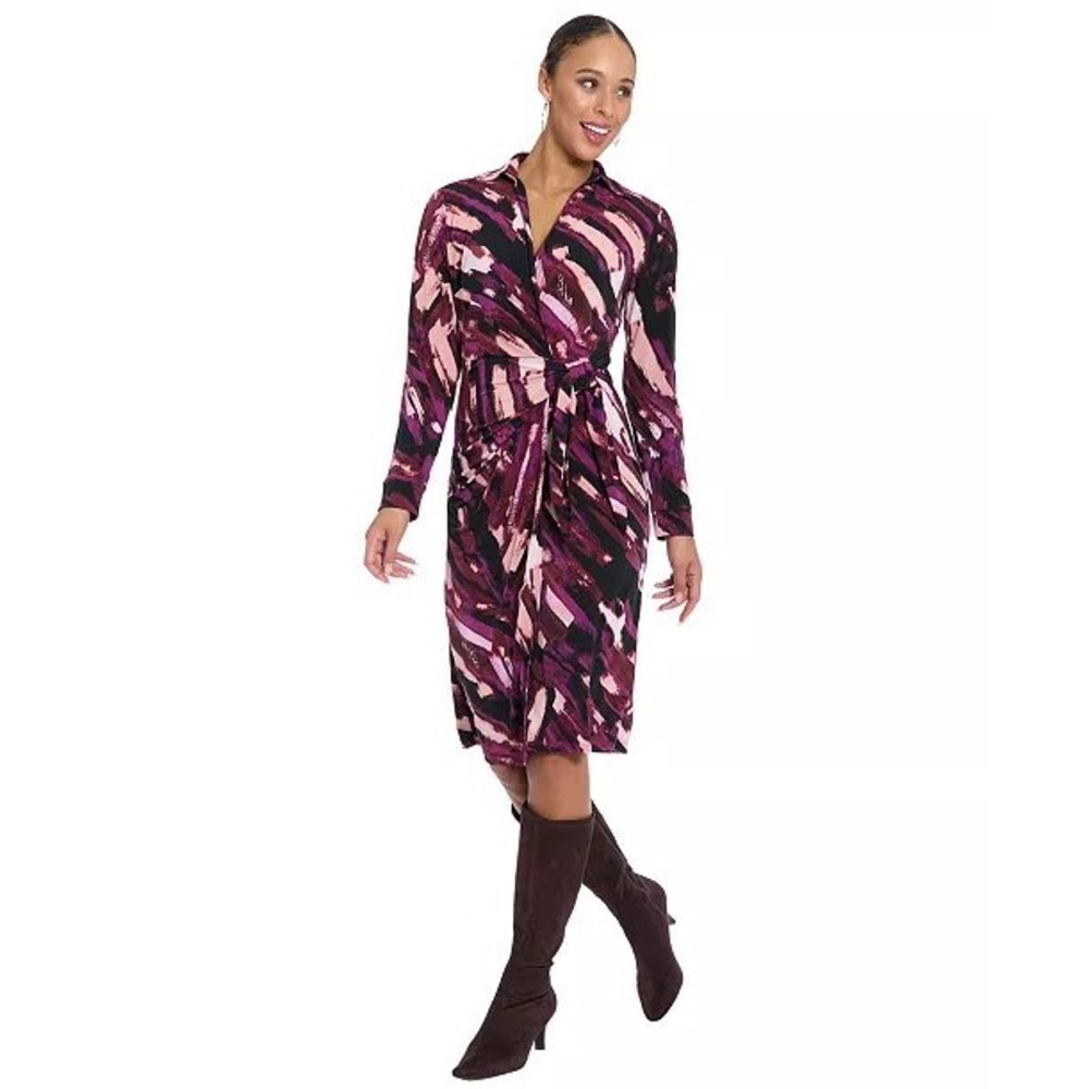 London Times Womens XL Purple Abstract Brushstroke Faux Wrap Midi Dress NWT